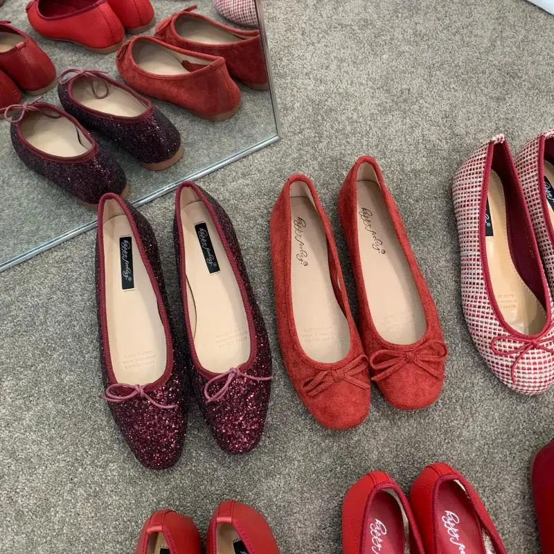Flat-bottomed Small Red Single Shoes Women's Shoes 2025 New Spring and Summer Bow Shallow Mouth Wedding Shoes Ballet Shoes
