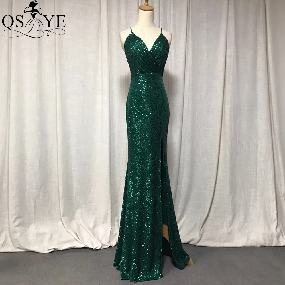 Vestidos femininos verde esmeralda, alças de ombro com espaguete, sexy com decote V, vestido de formatura, vestido de festa longo com lantejoulas, vestido formal com decote V ruched