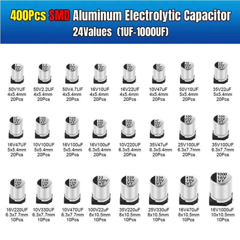 

400PCS capacitor kit Aluminum Electrolytic SMD condensadores electrolíticos 1uF~1000uF 6.3V-50V 24Value with box kit de reparac