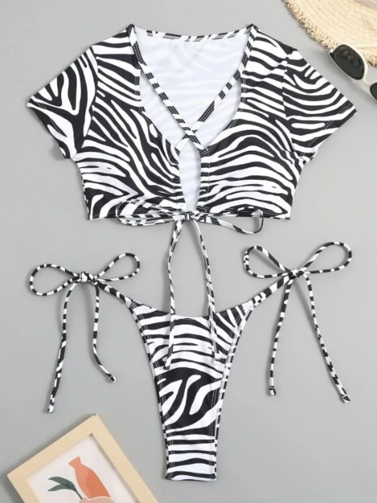 2 Pieces Zebra Print Tie Side Bikini 2025 Women Lace Up Short Sleeve Top Swimwear Female Swimsuit Beach Wear Bathing Suit Summer