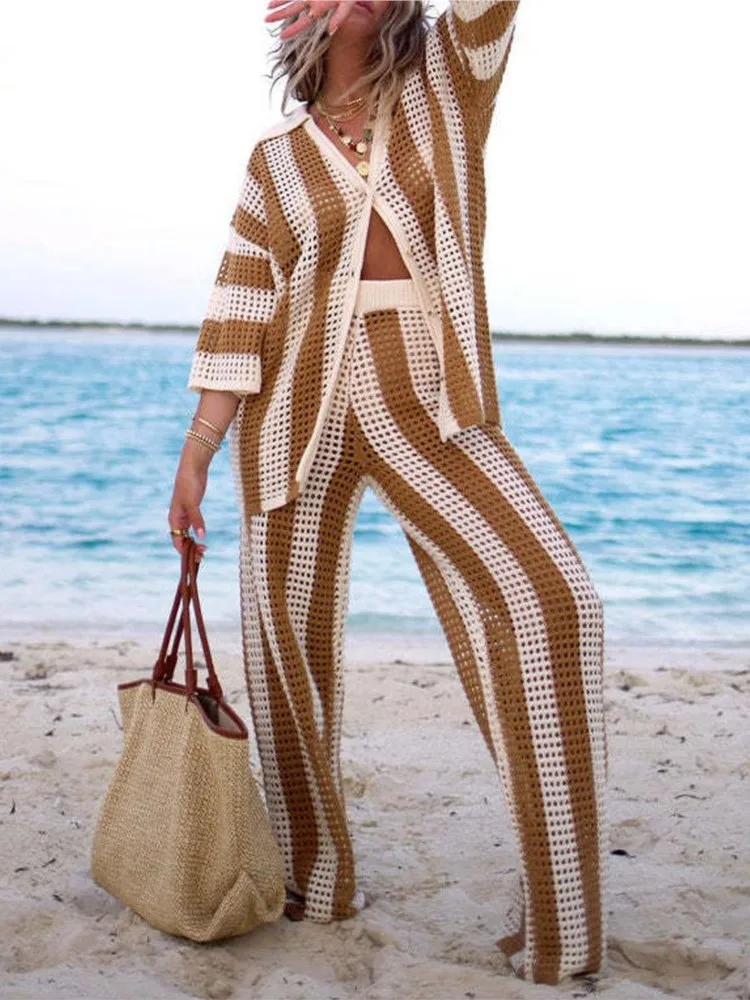 Spring Casual Holiday Vertical Stripe Knitted Outfits Women Wide Leg Lapel Hollow Out Two Piece Set Summer Suits Beach Pant Sets