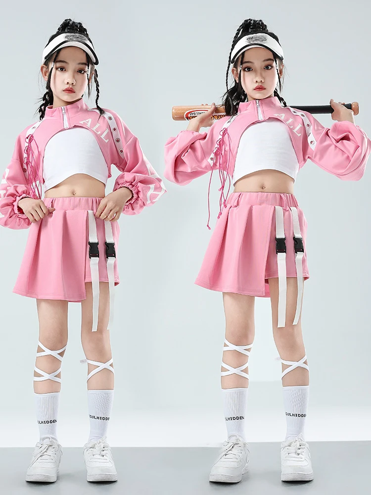 2024 Mädchen Jazz moderne Tanz Performance Bühnen kostüme für Kinder rosa Crop Tops Röcke Anzug Hip Hop Performance Wear dn17560