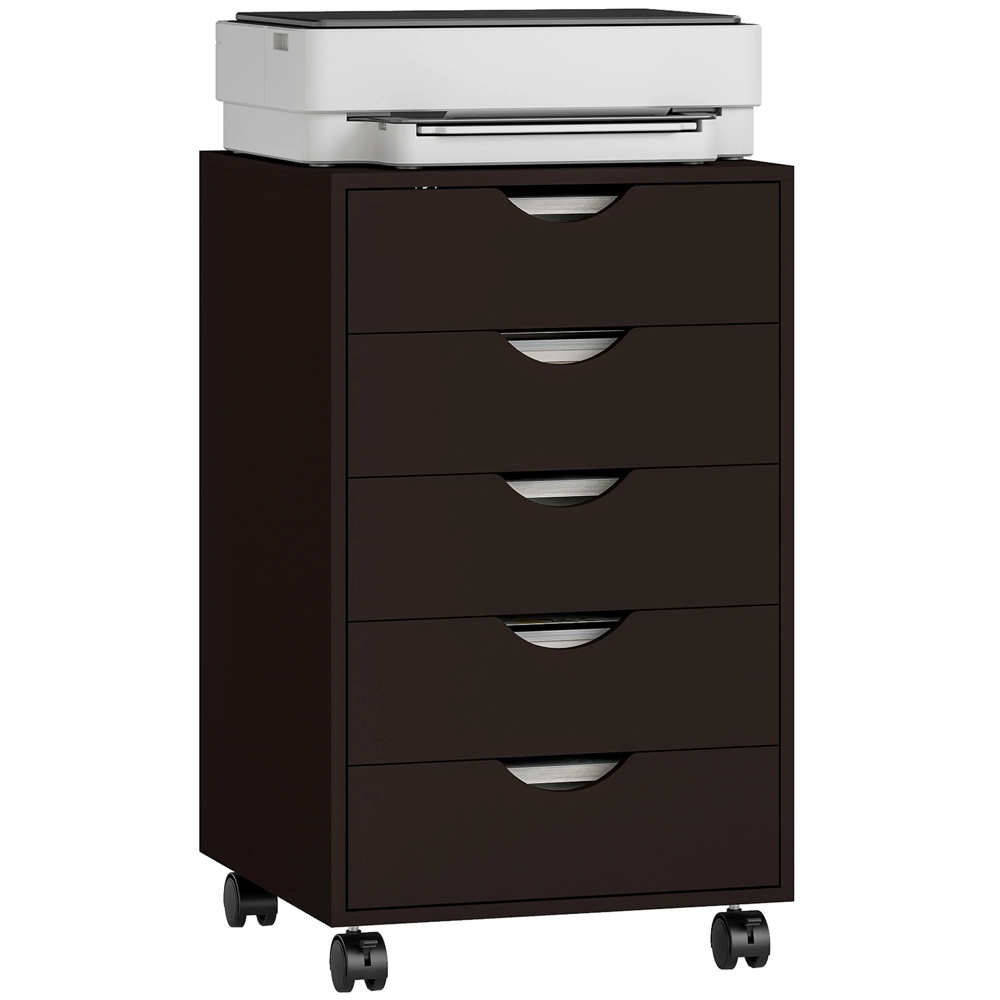 HOMCOM 5 Drawer Home Office Storage Cabinet, Mobile Printer Stand with Nordic Minimalist Modern Style & Wheels, Brown