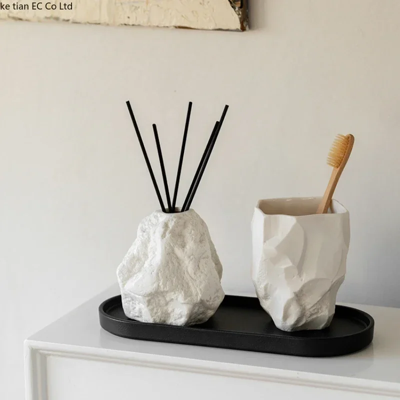 Rock Shape Mouthwash Mug Ceramic Toothbrush Cup Storage Tray Portable Travel Toothbrush Mug Vanity Sink Bathroom Accessories
