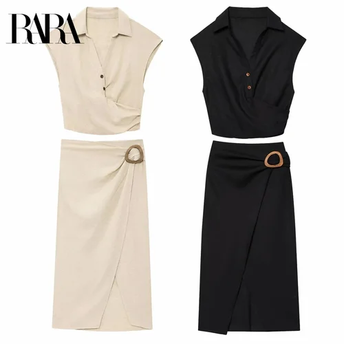 RARA2025, novedad de verano, moda informal, Top plisado sin mangas con cuello en V y vestido Midi con hebilla, traje de mujer