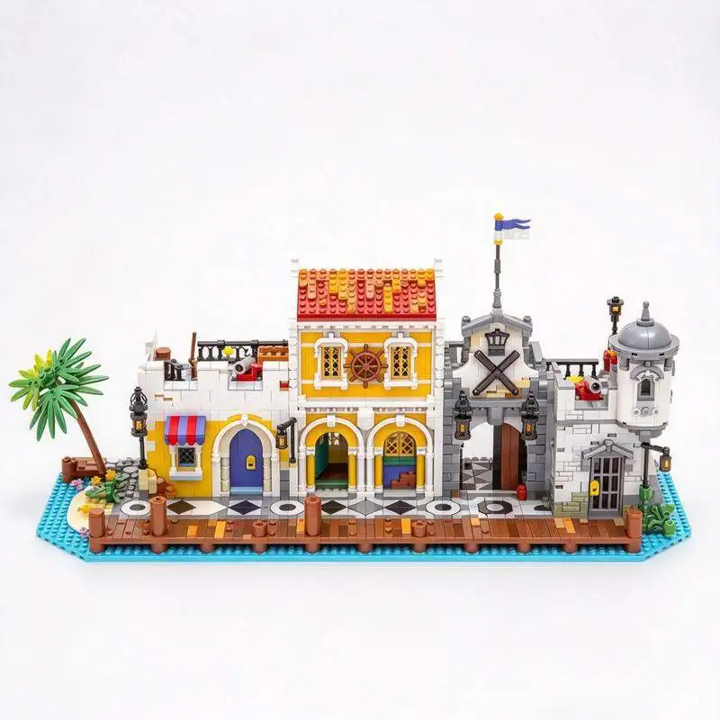 3897PCS Tropical Pirate Harbor Tavern Dock Lagoon Scene Model Custom Creative Building Blocks DIY Educational Toy Gift Set