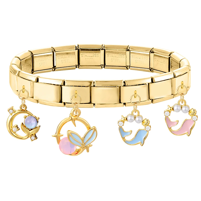 لامعة الزركون ذيل السمكة ستار الزهور الكرز الذهبي قلادة الإيطالية سحر الروابط صالح 9 مللي متر الفولاذ المقاوم للصدأ سوار النساء DIY بها بنفسك صنع #5