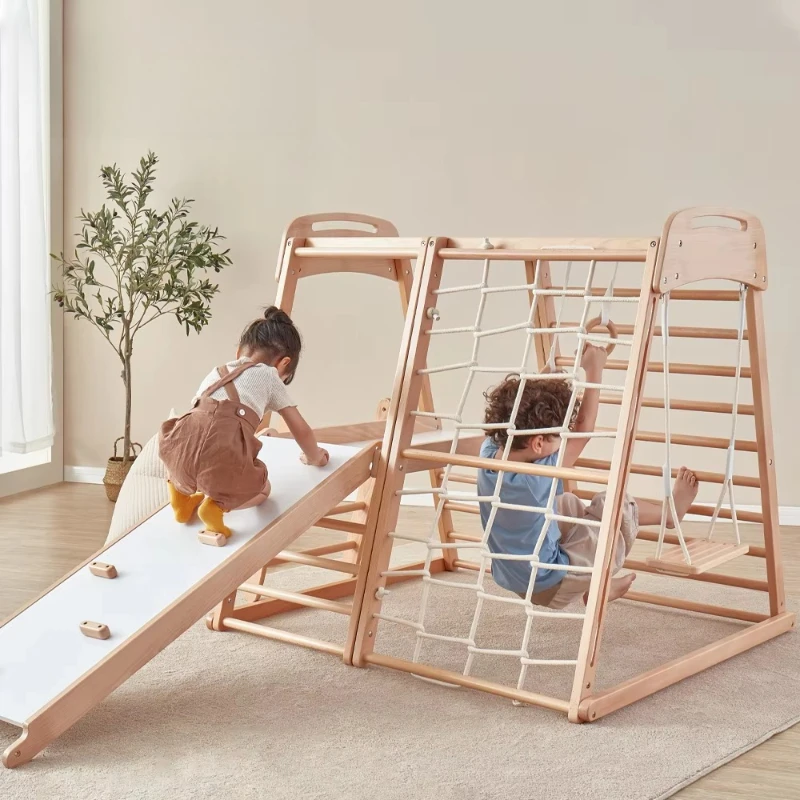 Wooden Trapezoidal Gym Toys Toddler Indoor Playground Wooden 3-in-1 Climbing Frame Climber Kids Game Set with Kids Swing