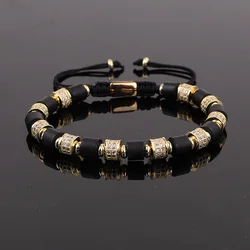 New Luxury Natural Stone CZ Pave Tube Charm Matte Onyx Beads Friendship Adjustable Bracelet For Men Jewelry Gift