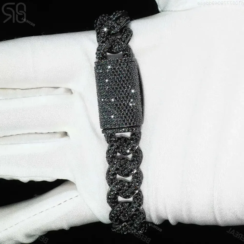 

Wholesale 14mm Black Vvs Moissanite Cuban Chain Necklace Pass Diamond Tester Round Brilliant Cut Diamond 925 Silver Bracelet