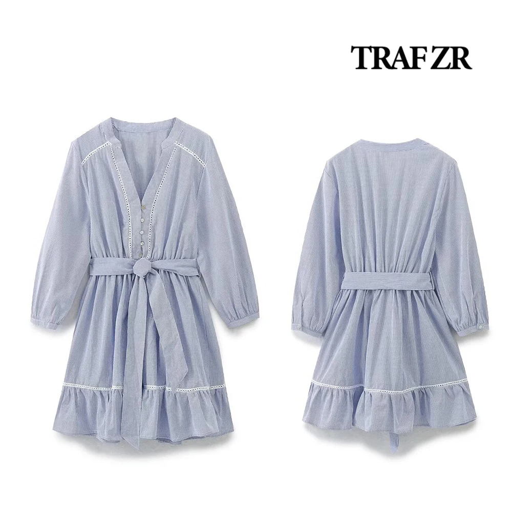 Traf zr Mini Sommer Frau Kleid V-Ausschnitt Langarm Hemd Kleider gebunden Gürtel Urlaub Kleid aushöhlen gestreifte Kleider für Frauen