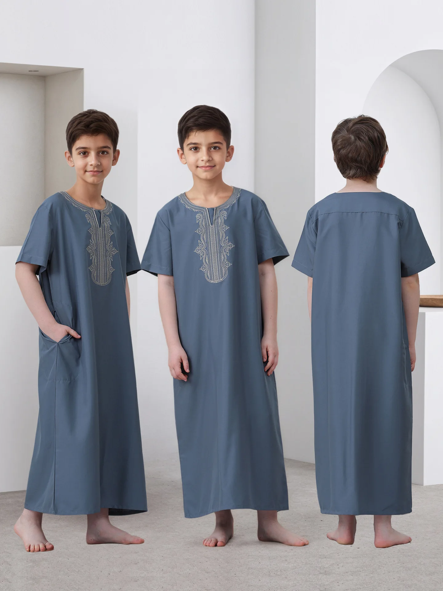 

Eid Ramadan Boys Muslim Thobe Short Sleeve Embroidery Round Neck Pocket Kids Islamic Jubba Soft Children Arab Robe Loose Casual