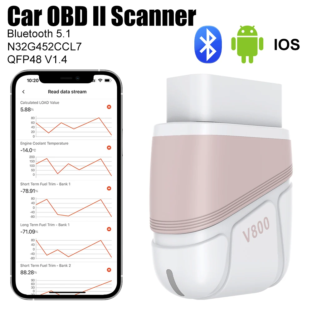 Car OBD II Diagnostic Tools N32G452CCL7,QFP48  V1.4 Fault Code Clear Bluetooth 5.1 For iOS Android and Windows OBD2 Scanner