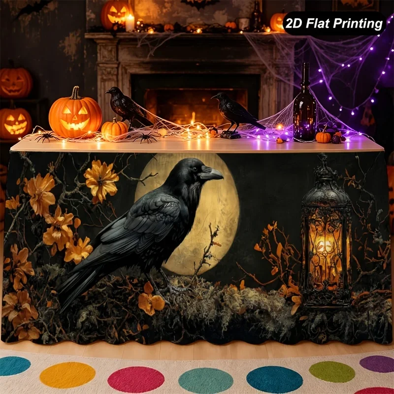 1pc Halloween table skirt, ravens orange flower with dead branches gothic dark style, suitable for Halloween autumn partiesxzj