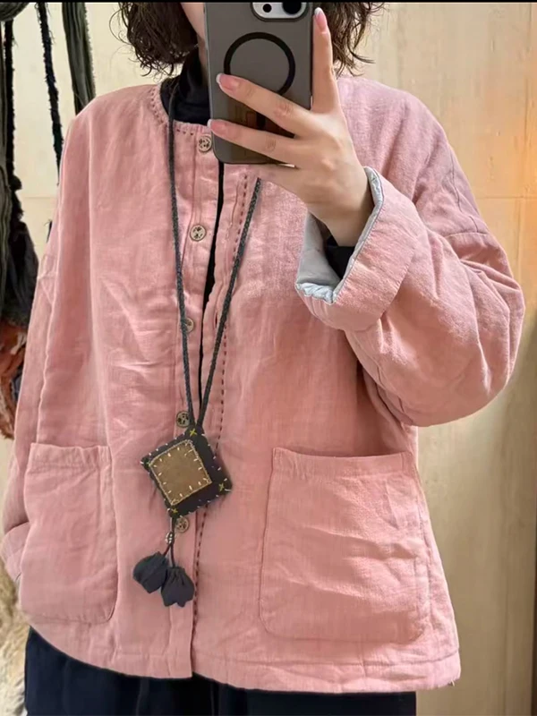 

Retro Artistic Sle round Ne Cotton Jaet Linen Embroidery Women's Winter Coat Loose Fit Thiened Long Sve Coat