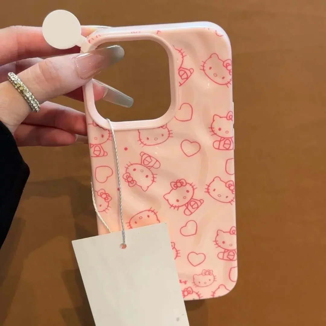Модный чехол для телефона Hello Kitty с морщинистой текстурой для iPhone 11, 12, 13, 14, 15, 16 Pro Max Plus, мягкий силиконовый противоударный чехол-конфетка