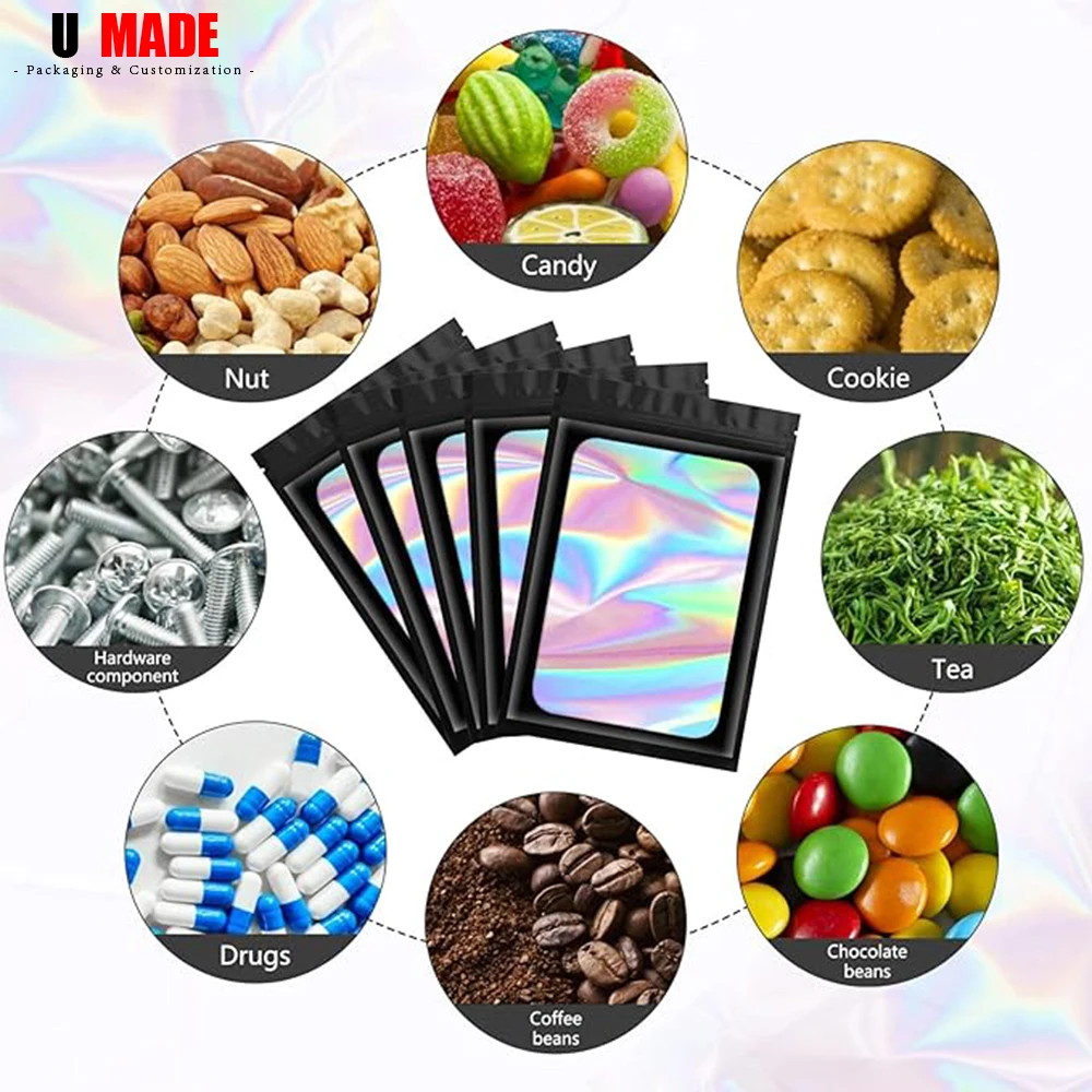 100pcs Custom Mylar Holographic Bags with Logo Personalized Foil Pouch Ziplock Packaging for Small Business Jewelry Food Storage