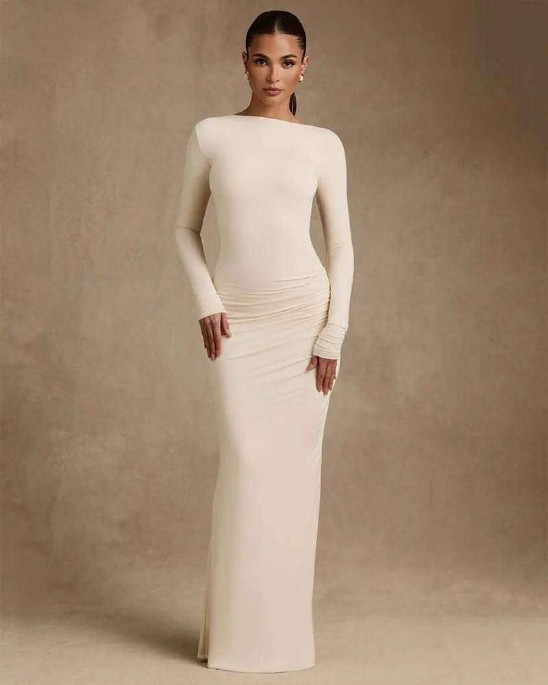 2025 Sexy Backless Bodycon Maxi Dress Women Comfortable Fashion Long Sleeve Draped Prom Outfits Elegant Club Party Long Dress