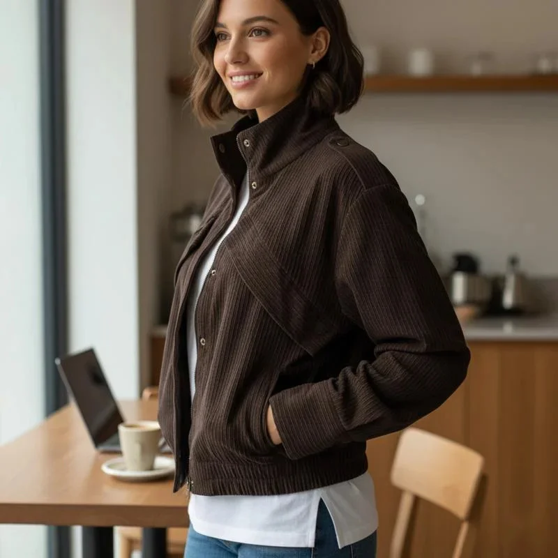 

Brown Corduroy Jacket For Women Moto Style With Full-sleeve Elegant Outerwear For Commuting Casual Chic Daily Wear Comfortable