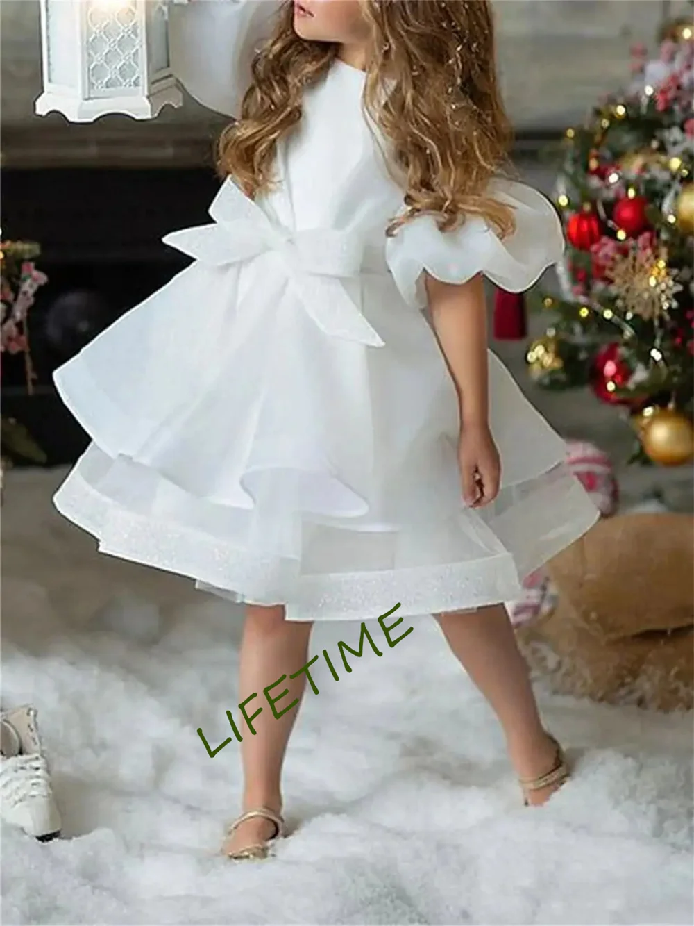 

White Layered Tulle Puffy Flower Girl Dress For Wedding Knee Length With Bow Child Prom Ball Simple Gowns First Communion Wear