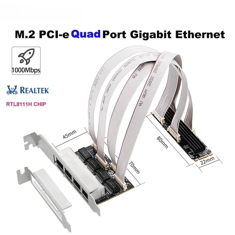 M.2 PCI-e 4 Port Port Gigabit Ethernet M key B key 1000Mbps 1G Nic Network Card RealTek RT8111H Chipset NAS For Gaming