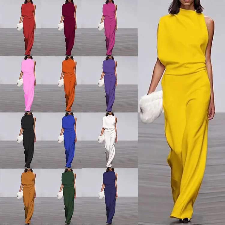 2025 new European station women's pants solid color shoulder pile collar jumpsuit Amazon hot sale dress trousers