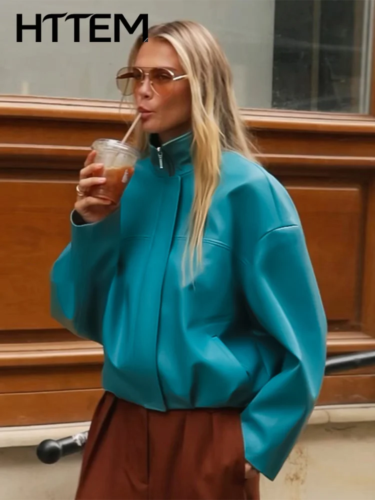 Streetwear Damen Kunstleder Kurze Jacke, Lose Passform, Blau, Stehkragen, Langarm, Reißverschluss, Taschen, PU-Fahrradjacke, Herbst 2026 Damen-Oberbekleidung