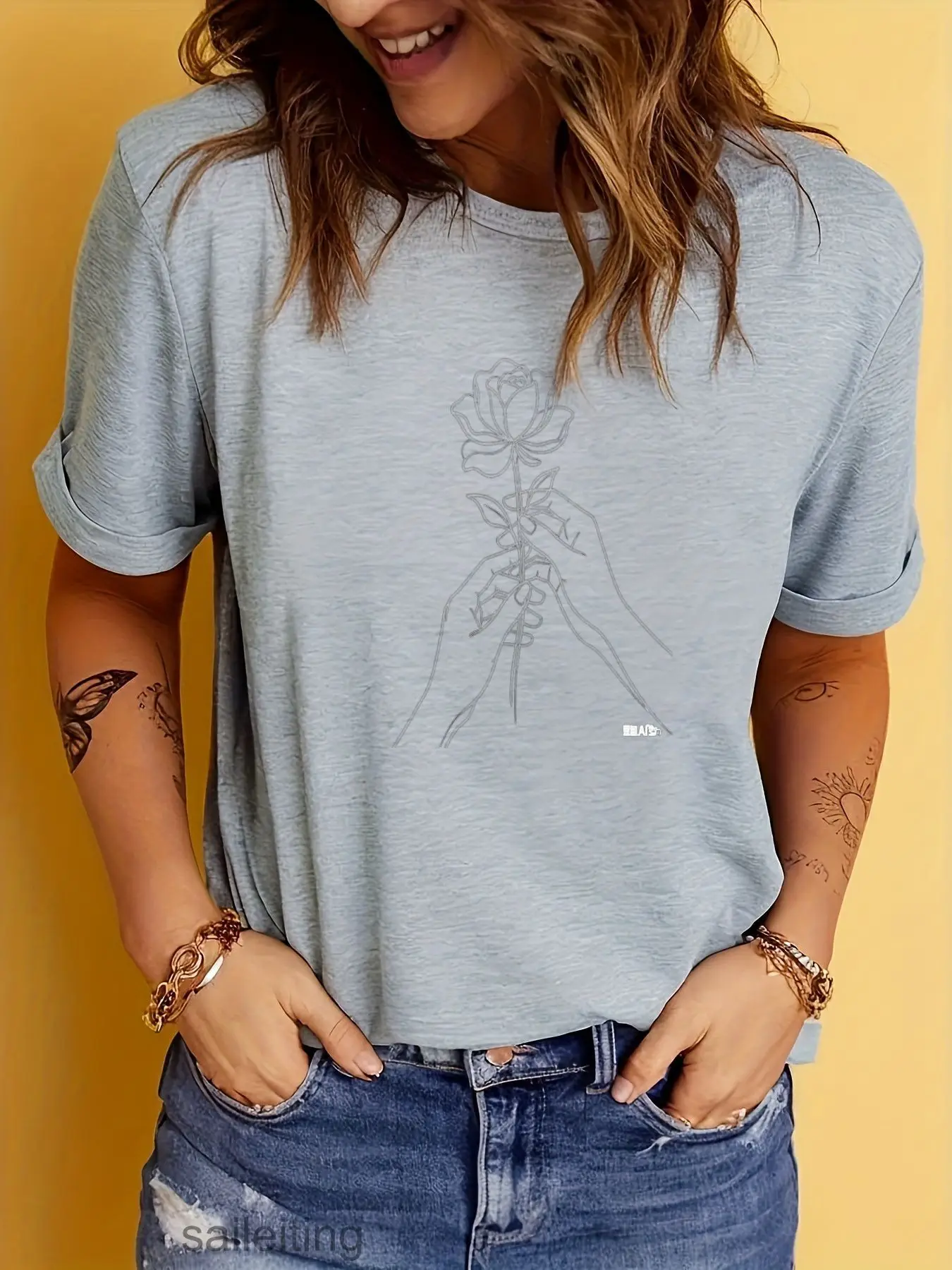 Minimalist Rose Hands Line Art White T-Shirt Men Women - Casual Short Sleeve Rolled Up Tee with Ripped Denim Jeans, Urban Sty
