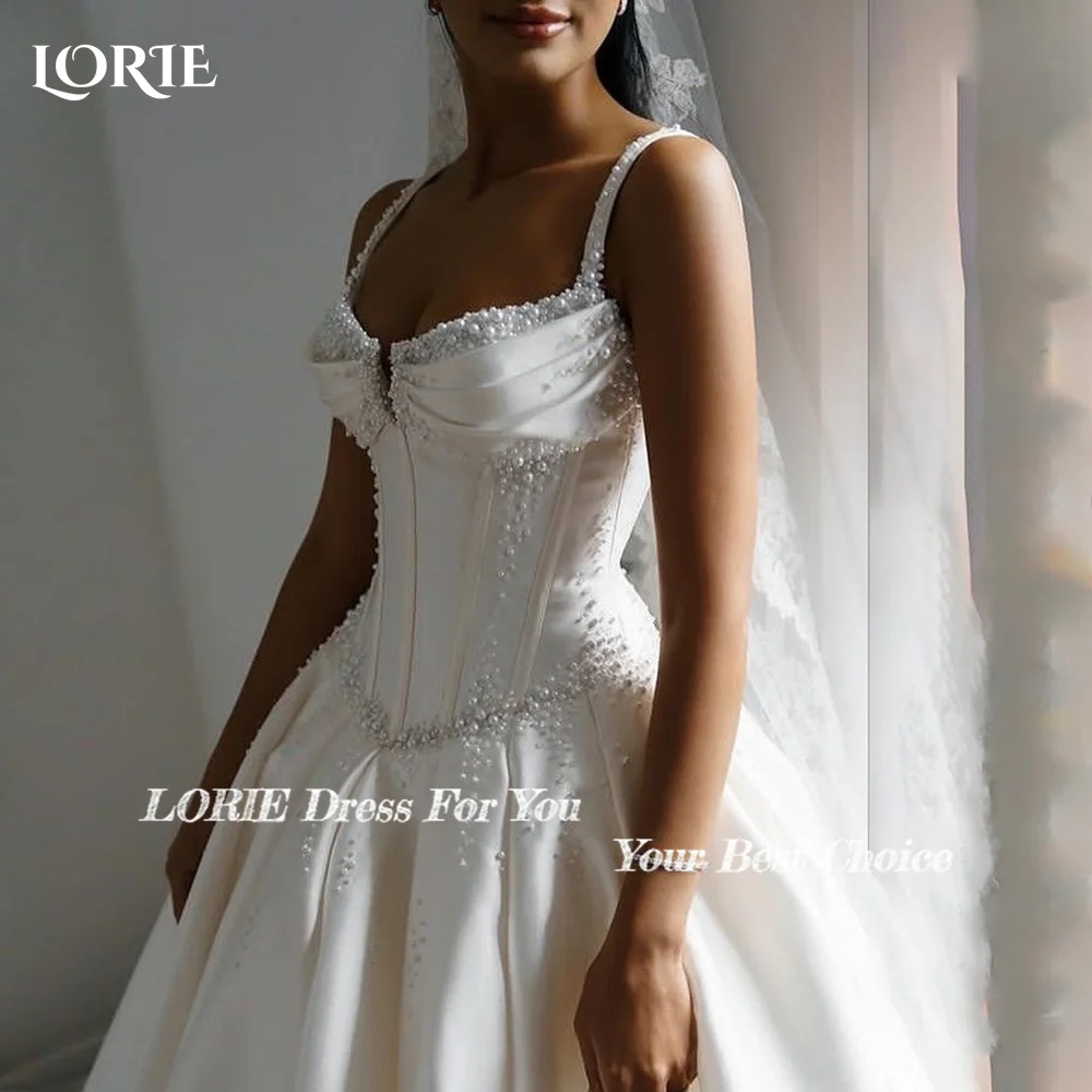 LORIE Elegant Satin Wedding Dresses A-Line Beach Pearls Bridal Gown Spaghetti Straps Ruffle V Corset Customized Ball Bride Dress image 2