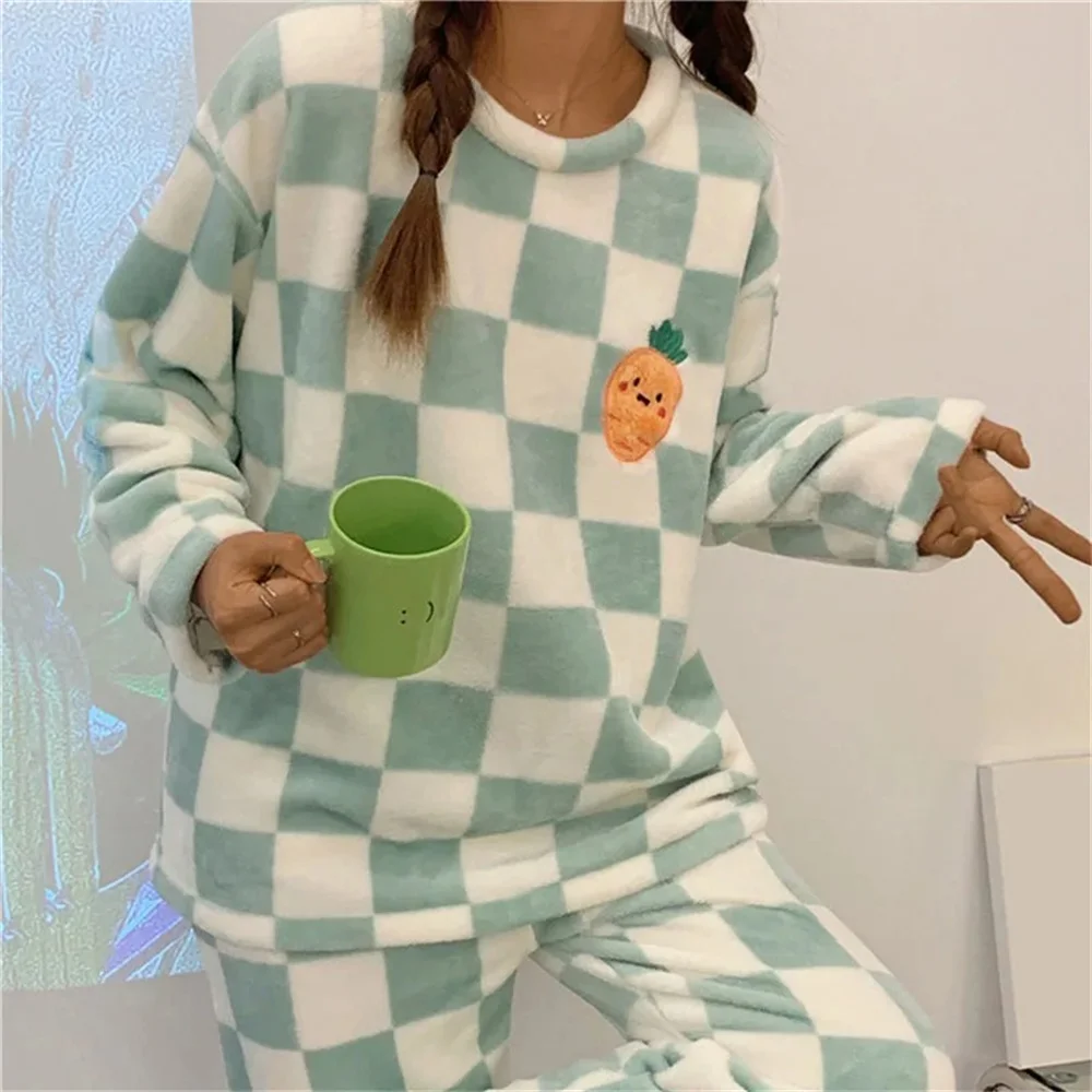 Women\'S Plush Pajamas Set 2 Pieces Autumn Winter Long Sleeve Warm Home Clothes Casual Cute Cartoon Korean Sleepwear Homewears