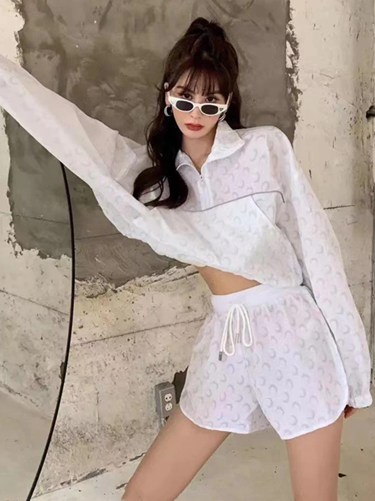 

Versatile Sunscreen Coat Korean High Street Fashion Women's Long Sleeve Summer Casual Thin Printed Moon Loose Half Zipper Coat