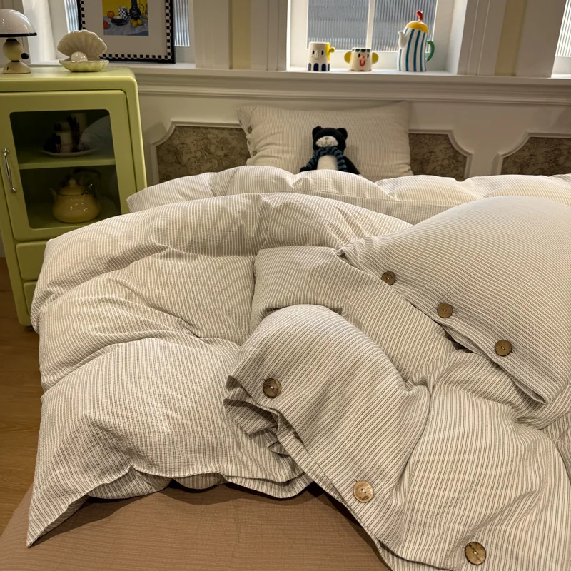 3/4Pcs Bedding Set Futon Minimalist Striped Button-Down Style Queen/ Double Single Soft Bed Sheet Set Full-Size Four-Season