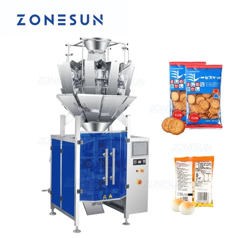 ZONESUN Custom Automatic 10 Heads Biscuit Chips Rice Granule Weighing Filling And Back Sealing Machine Bag Form Packing Machine