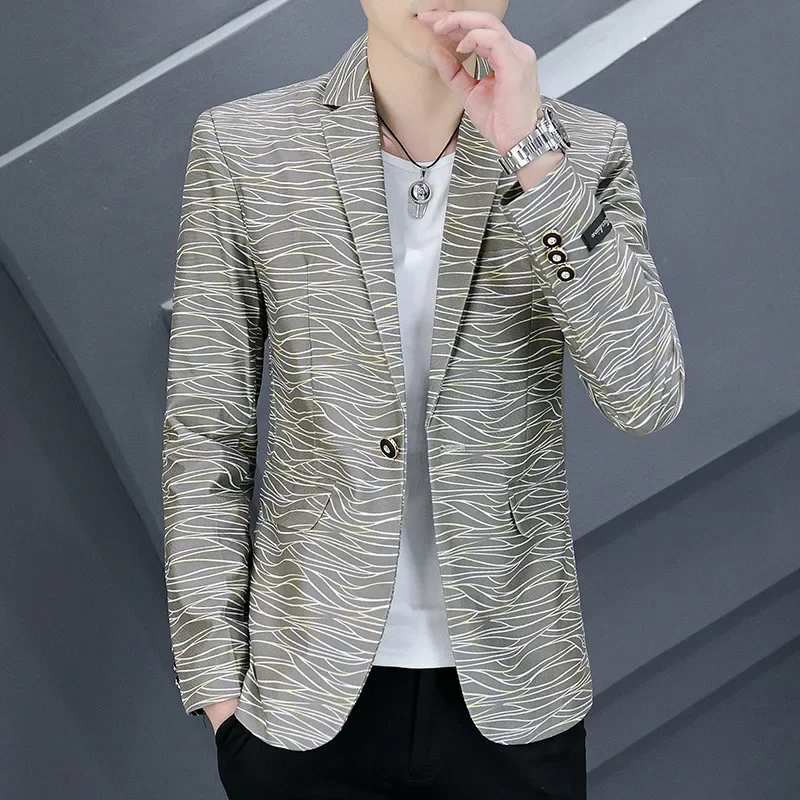 HOO 2024  Men's Slim Fit Autumn Handsome Cool blazer Youth Casual Water Ripple Printed     blazer