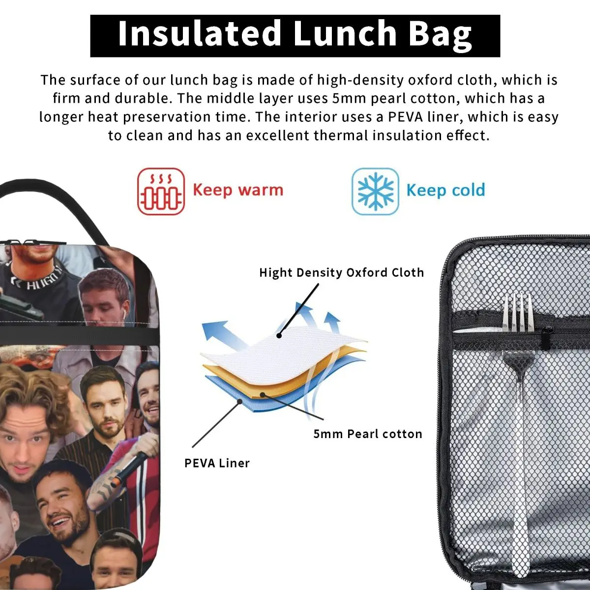 Liam Payne Photo Collage Insulated Lunch Bag for Women Children Portable Food Boxes Thermal Lunch Box Tote