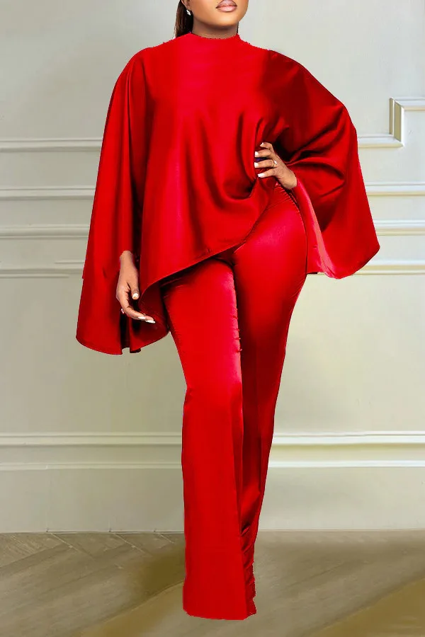 Satin Cloak And Pants Two Piece Sets Women Fashion Pure Color Batwing Sleeve Tops Outfits Spring Summer High Waist Pants Suit