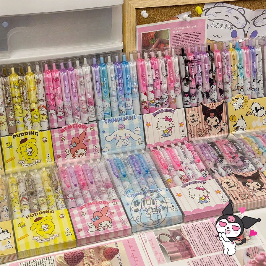 6 Stuks Sanrio Gel Pen Hello Kitty Cartoon Kuromi St Sneldrogend Zwart 0.5Mm Druk Op De Balpen Leren Briefpapier Geschenken