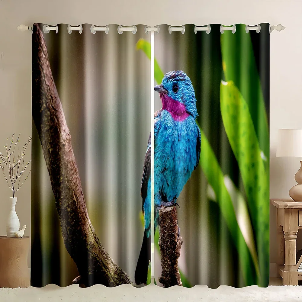 Birds Window Blackout Curtains,Protect Bird Standing On a Branch,Wild Animal Cat Elephant Print Filtering Printed Stripe Drapes