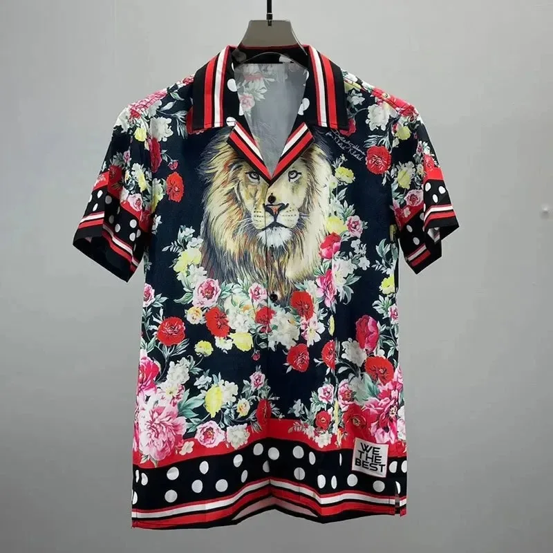 

European Lion Flower Print Shirt Streetwear Hip Hop Fashion Aloha Tropical Top Hawaiian Beach Shirt Camisa Floral Masculine S-5X