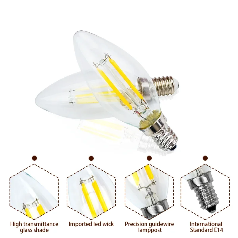 레트로 에디슨 E14 LED 필라멘트 전구 램프, 유리 전구, 빈티지 캔들 라이트, AC 220V-240V, C35, C35L, 2W, 4W, 6W, 8W, 6 개