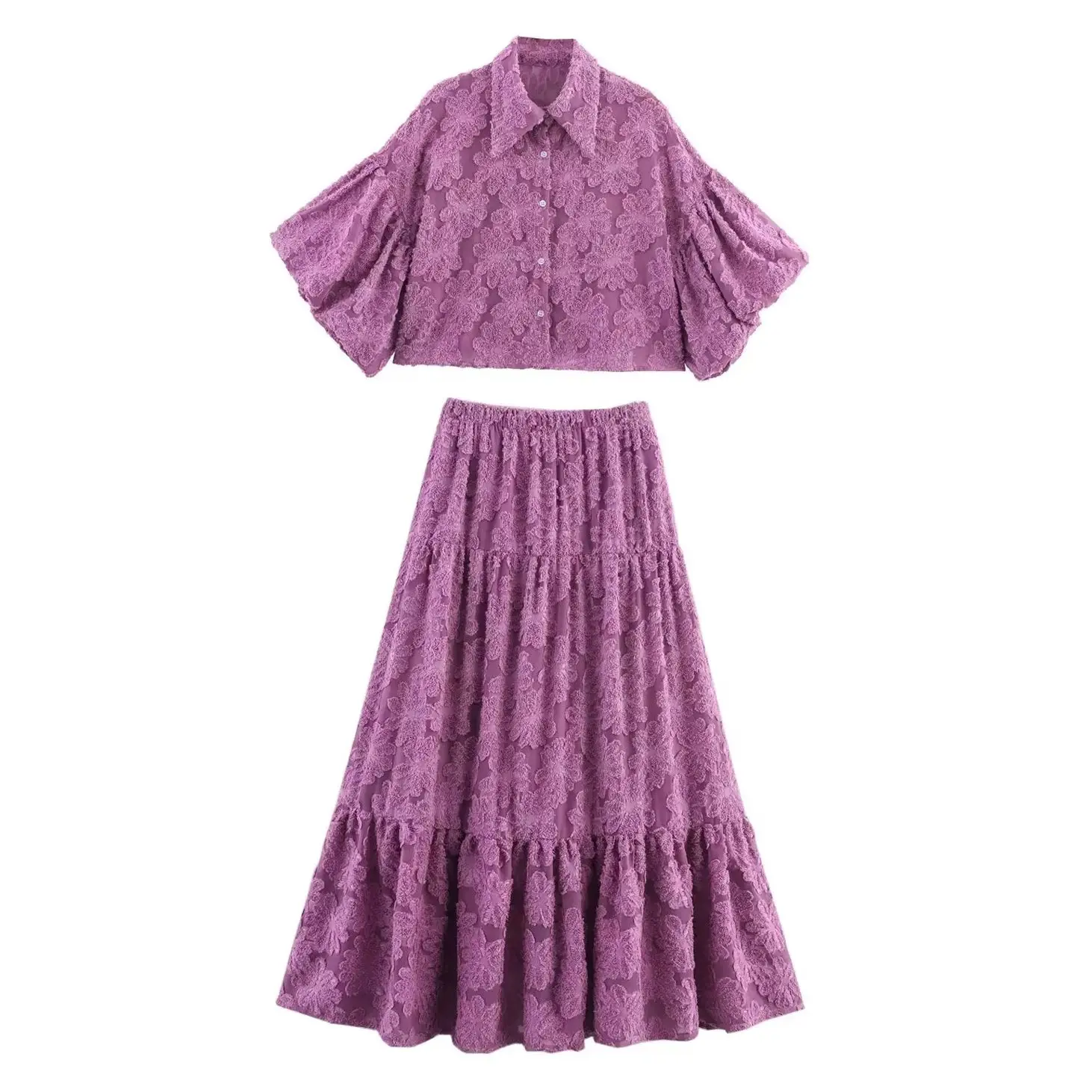 

KONDALA 2025 летний повседневный женский костюм, однобортная короткая рубашка + драпированная юбка трапециевидной формы с эластичной резинкой на талии, модный элегантный комплект Mujer