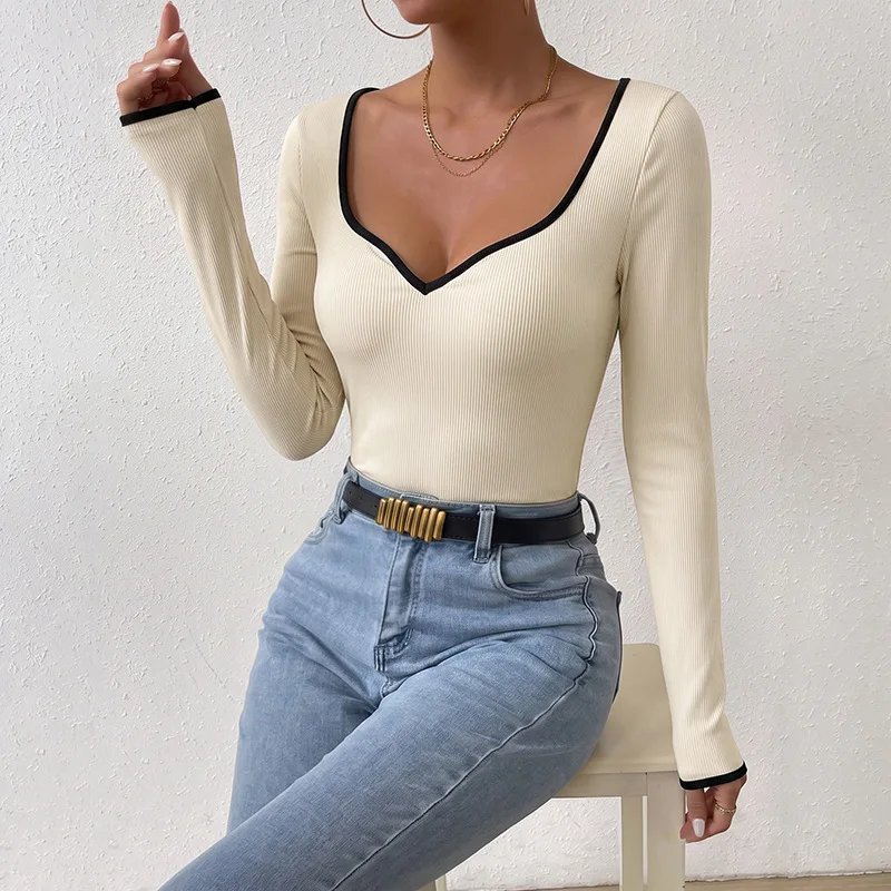 Chic 2026 Simple Casual Style Skinny Bodysuits Top Women Contrasting Color Hemming V-neck Pit Strip Long-sleeved Onesie Y2K