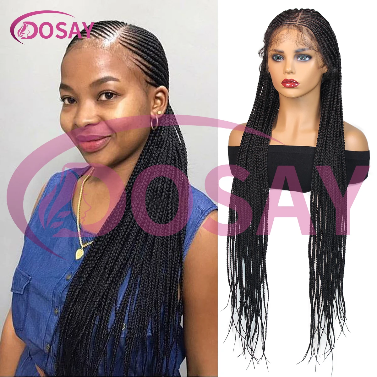

Полный кружевной парик без узлов для чернокожих женщин, парик из косичек с детскими волосами, синтетические 36-дюймовые черные плетеные парики