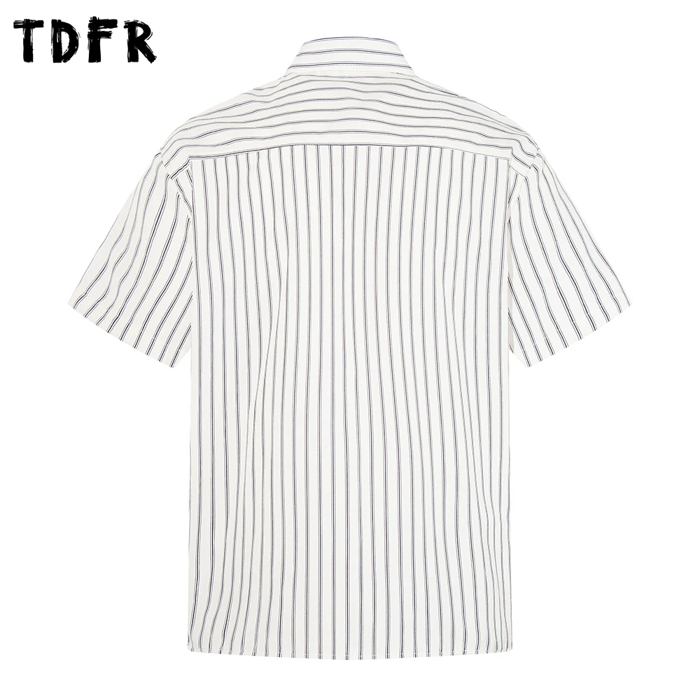 Vertical Stripes Pocket Shirts Mens Summer Retro Casual Loose Lapel Single Breasted Short Sleeve Shirts Man