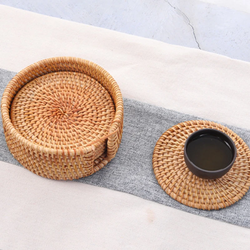 Vine Woven Hand Woven Insulation Mat Tea Table Circular Tea Cup Bowl Rattan Woven Cup Mat Set Tea Set Rattan Basket