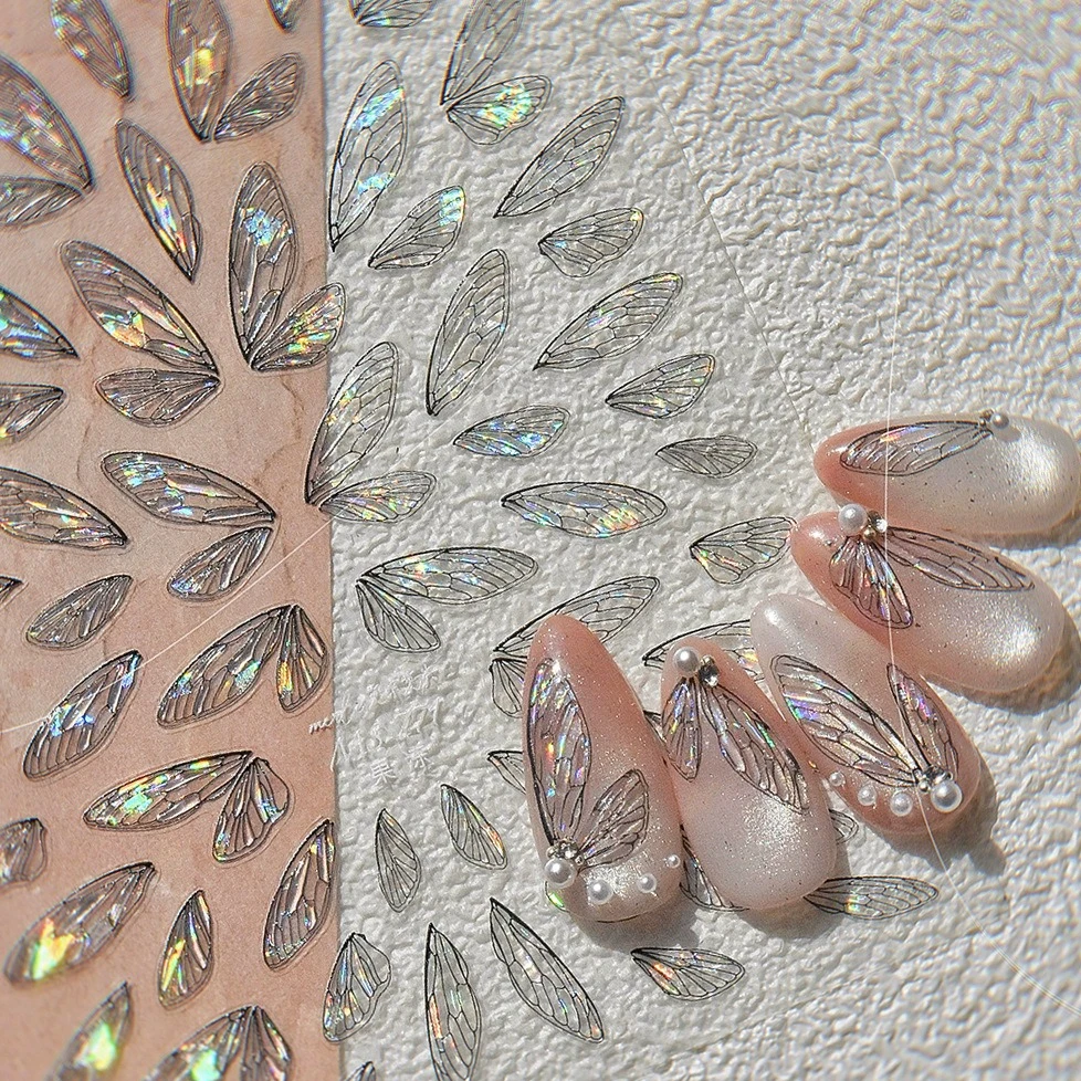 โปร่งใสสีชมพู Gradual Wing Feather Housefly ปีก Angel ดอกไม้ Star Jelly Rhinestones เงาเล็บสติ๊กเกอร์เล็บ Decals