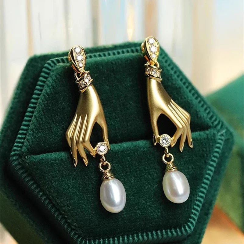 Huitan Unique Hands Designed Imitation Pearl Drop Earrings for Women Funny Attractive Girl Accessories Trendy Party Jewelry Gift