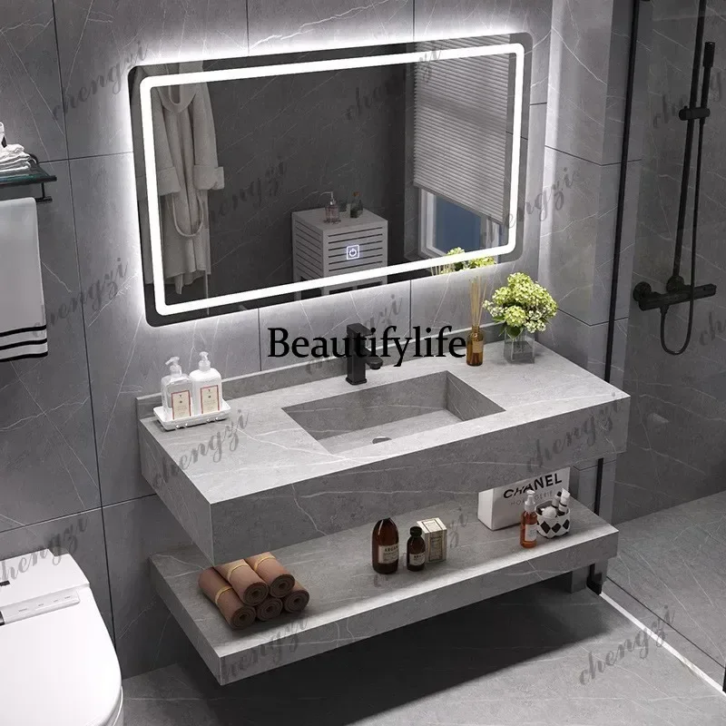 Accessible Luxury Wall Mounted Bathroom Vanity Double Layer Rock Slab Integrated Washbasin Combination b567