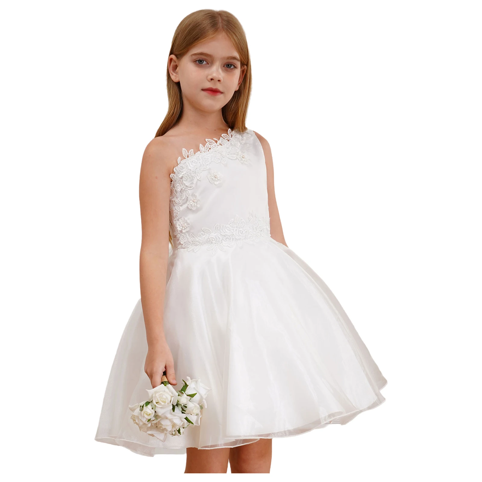 Flower Girl Dress White Kids Embroidered Party Gown One Shoulder Tulle Dresses Holy Communion Formal Wedding Pageant Vestidos