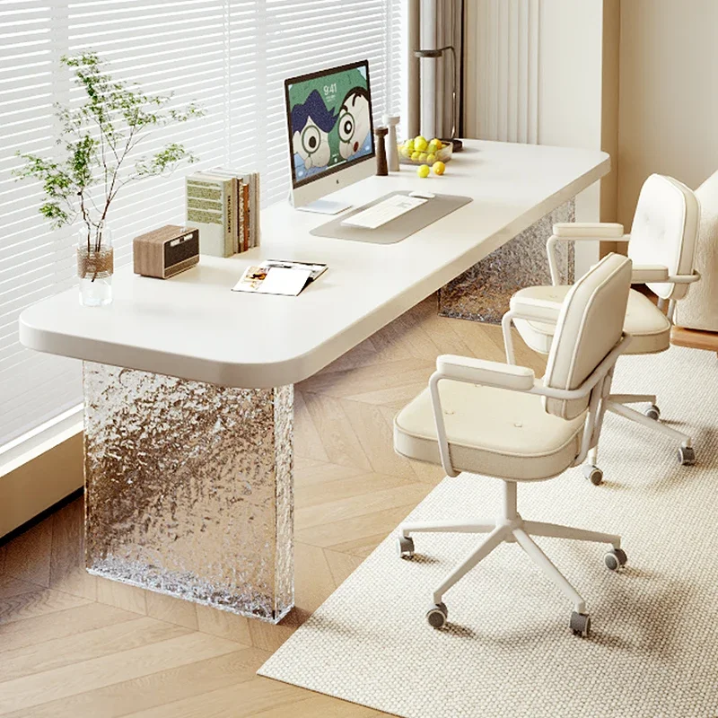 Solid Bamboo & Ash Wood Computer Desk Contemporary White Cream Style Stone Pattern Double Long Office Furniture Acrylic Desk
